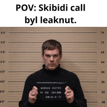 morgan dexter is holding a mugshot in front of a measurement board