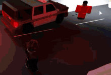a man in a red outfit is standing in front of a police car in a video game .