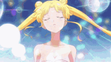 a naked sailor moon is standing in the water with her eyes closed and her hair in a bun .