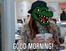 a cartoon of a woman with a crocodile on her head says good morning