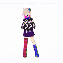 a girl with a flower in her hair is standing in front of a pink square