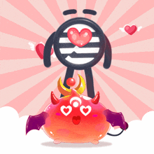 a cartoon character with a heart in his eyes is standing next to a devil