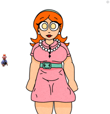 a cartoon drawing of a woman wearing a pink dress and pearls