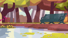 a cartoon drawing of a park with a bench and a pond