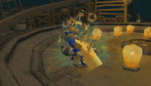 a cartoon character in a blue suit is fighting a giant monster in a video game
