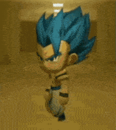 a cartoon character with blue hair is dancing in a hallway
