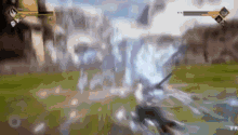 a person is playing a video game with a sword in their hand and a waterfall in the background .