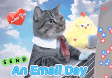 a cat wearing a tie is typing on a laptop next to a stuffed animal that says " love you "