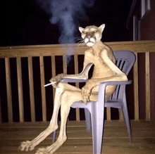 a statue of a cat sitting in a chair smoking a cigarette