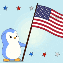a penguin is holding an american flag in front of a blue sky