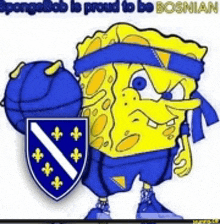 spongebob is proud to be bosnian and holding a basketball and shield