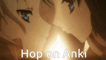a picture of two anime girls with the words hop on anki written below them