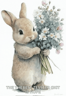 a picture of a rabbit holding a bouquet of flowers with the words " the y hebest zeester gigt is hope "
