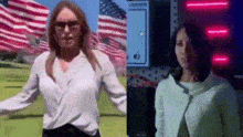 a woman in a white shirt and a woman in a white jacket are standing next to each other in front of american flags .