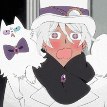 a cartoon drawing of a man wearing a top hat and scarf with a cat behind him