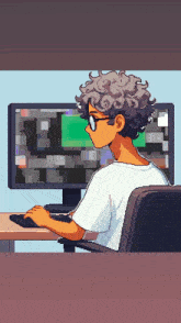 a pixel art of a person sitting in front of a computer monitor