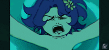 a cartoon of a girl with blue hair and a flower in her hair screaming
