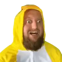 a man with a beard wearing a yellow hoodie with a banana on it