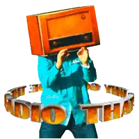 a man in a blue shirt is holding an orange box on his head