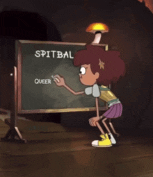 a cartoon character standing in front of a blackboard that says spitball queers