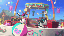 a person riding a unicycle on top of a pink and white ball with a panda on it