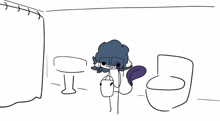 a drawing of a person with a purple boxing glove standing next to a toilet