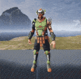 a video game character is standing in front of a mountain and the ocean