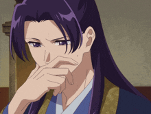 a purple haired anime character with a hand on his chin