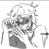 a black and white drawing of a man with flowers on his face .