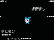 a blue and white cartoon character is standing in a dark room