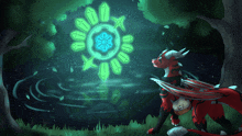 a drawing of a dragon standing in front of a glowing circle