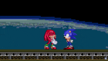 a pixel art of knuckles and sonic fighting