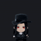 a doll with red eyes and a black top hat