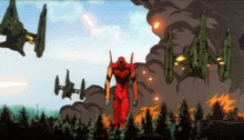 a robot in a red suit is standing in the middle of a forest with planes in the background