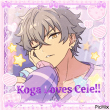 a picture of a anime character with the words koga loves cele