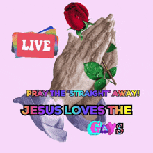 a picture of praying hands holding a rose with the words " jesus loves the gays "