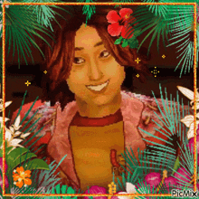 a pixel art of a woman with a red flower in her hair