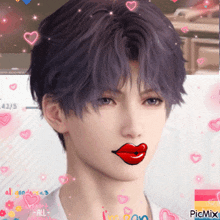a man with purple hair has a red lip drawing on his face and a picmix logo in the corner