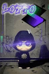 a cartoon character is standing in front of a wall with graffiti and the word lotto on it