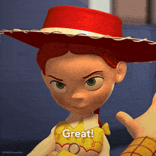 a toy story jessie doll with a red hat and a yellow vest says great