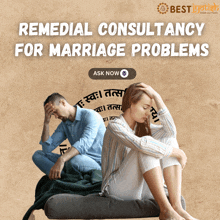 a poster for remedial consultancy for marriage problems with a man and woman sitting on a bed
