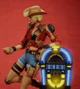 a woman in a cowboy hat is kneeling next to a jukebox that says cowboy bebop on it