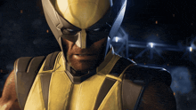 a close up of wolverine 's face with a black background