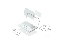a laptop computer is surrounded by various icons including an envelope and a speech bubble