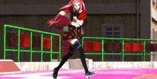 a girl with pink hair and black knee high socks skates on a pink surface