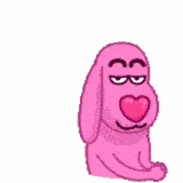 a pink cartoon character is hugging a pink heart .
