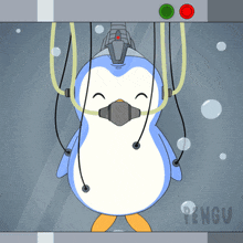 a cartoon of a penguin wearing a robotic mask