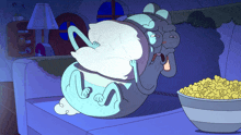 a cartoon character is sitting on a couch holding a pillow and a bowl of popcorn