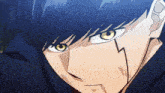 a close up of a person 's face with blue hair