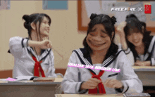 a girl in a sailor suit is making a funny face in a classroom with other girls and the words freefire x visible